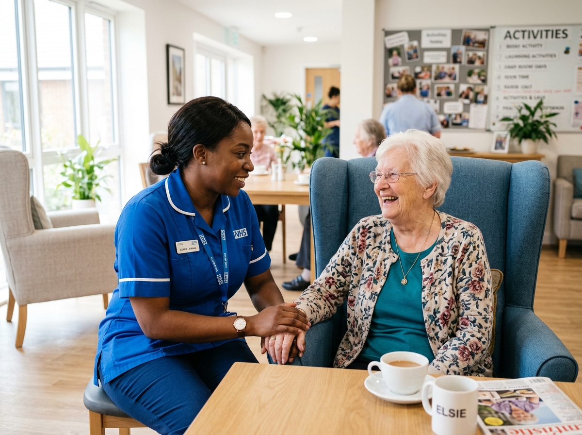 Compassionate Nier Elor care assistant supporting a resident with warmth and dignity